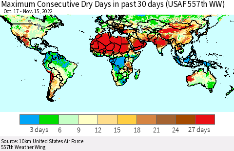 World Maximum Consecutive Dry Days in past 30 days (USAF 557th WW) 11/15/2022 Thematic Map For 11/11/2022 - 11/15/2022