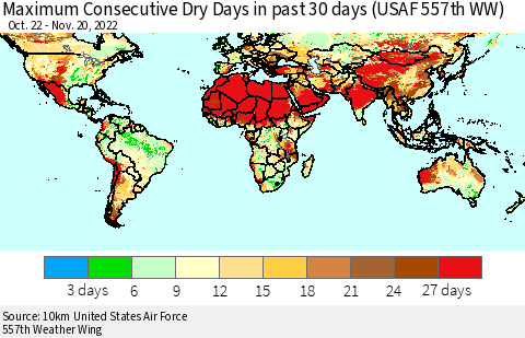 World Maximum Consecutive Dry Days in past 30 days (USAF 557th WW) 11/20/2022 Thematic Map For 11/16/2022 - 11/20/2022
