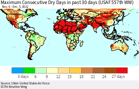 World Maximum Consecutive Dry Days in past 30 days (USAF 557th WW) 12/05/2022 Thematic Map For 12/1/2022 - 12/5/2022