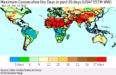 World Maximum Consecutive Dry Days in past 30 days (USAF 557th WW) 12/15/2022 Thematic Map For 12/11/2022 - 12/15/2022