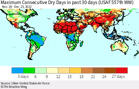 World Maximum Consecutive Dry Days in past 30 days (USAF 557th WW) 12/25/2022 Thematic Map For 12/21/2022 - 12/25/2022
