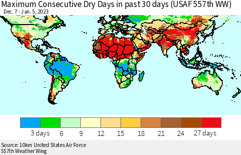 World Maximum Consecutive Dry Days in past 30 days (USAF 557th WW) 01/05/2023 Thematic Map For 1/1/2023 - 1/5/2023