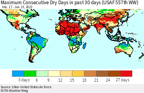 World Maximum Consecutive Dry Days in past 30 days (USAF 557th WW) 01/15/2023 Thematic Map For 1/11/2023 - 1/15/2023