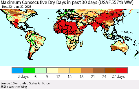World Maximum Consecutive Dry Days in past 30 days (USAF 557th WW) 01/20/2023 Thematic Map For 1/16/2023 - 1/20/2023