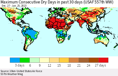 World Maximum Consecutive Dry Days in past 30 days (USAF 557th WW) 01/25/2023 Thematic Map For 1/21/2023 - 1/25/2023