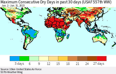 World Maximum Consecutive Dry Days in past 30 days (USAF 557th WW) 01/31/2023 Thematic Map For 1/26/2023 - 1/31/2023
