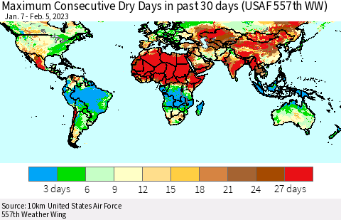 World Maximum Consecutive Dry Days in past 30 days (USAF 557th WW) 02/05/2023 Thematic Map For 2/1/2023 - 2/5/2023