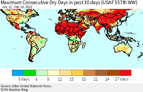 World Maximum Consecutive Dry Days in past 30 days (USAF 557th WW) 02/10/2023 Thematic Map For 2/6/2023 - 2/10/2023