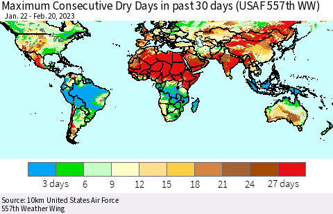 World Maximum Consecutive Dry Days in past 30 days (USAF 557th WW) 02/20/2023 Thematic Map For 2/16/2023 - 2/20/2023