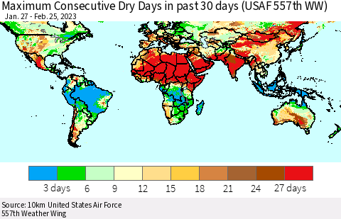 World Maximum Consecutive Dry Days in past 30 days (USAF 557th WW) 02/25/2023 Thematic Map For 2/21/2023 - 2/25/2023