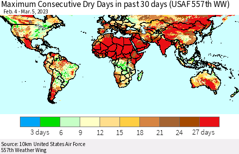 World Maximum Consecutive Dry Days in past 30 days (USAF 557th WW) Thematic Map For 3/1/2023 - 3/5/2023