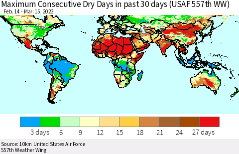 World Maximum Consecutive Dry Days in past 30 days (USAF 557th WW) 03/15/2023 Thematic Map For 3/11/2023 - 3/15/2023