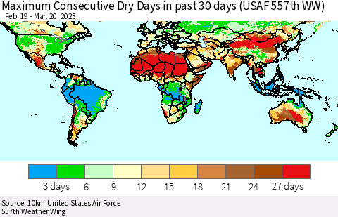 World Maximum Consecutive Dry Days in past 30 days (USAF 557th WW) 03/20/2023 Thematic Map For 3/16/2023 - 3/20/2023