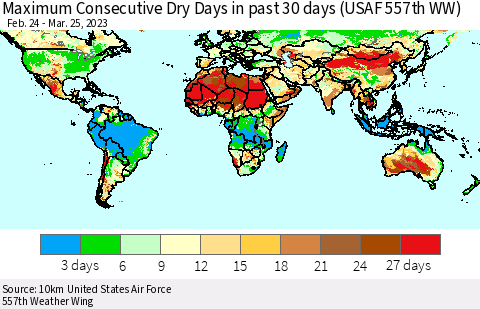 World Maximum Consecutive Dry Days in past 30 days (USAF 557th WW) Thematic Map For 3/21/2023 - 3/25/2023