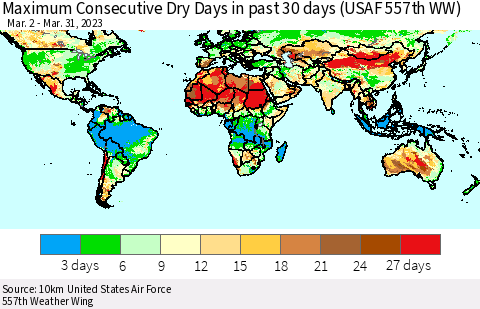 World Maximum Consecutive Dry Days in past 30 days (USAF 557th WW) 03/31/2023 Thematic Map For 3/26/2023 - 3/31/2023