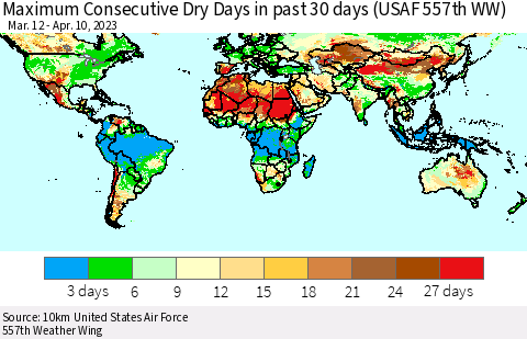 World Maximum Consecutive Dry Days in past 30 days (USAF 557th WW) 04/10/2023 Thematic Map For 4/6/2023 - 4/10/2023