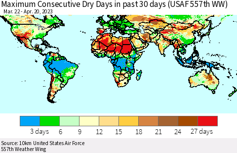World Maximum Consecutive Dry Days in past 30 days (USAF 557th WW) 04/20/2023 Thematic Map For 4/16/2023 - 4/20/2023