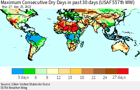 World Maximum Consecutive Dry Days in past 30 days (USAF 557th WW) 04/25/2023 Thematic Map For 4/21/2023 - 4/25/2023