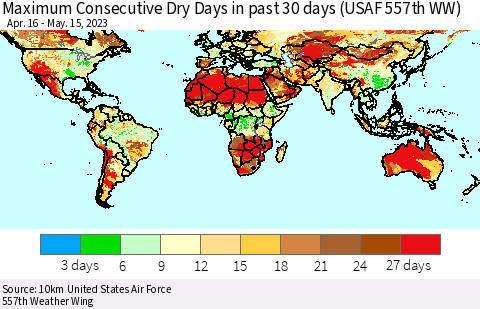 World Maximum Consecutive Dry Days in past 30 days (USAF 557th WW) 05/15/2023 Thematic Map For 5/11/2023 - 5/15/2023