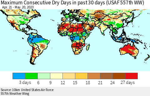 World Maximum Consecutive Dry Days in past 30 days (USAF 557th WW) 05/20/2023 Thematic Map For 5/16/2023 - 5/20/2023