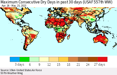 World Maximum Consecutive Dry Days in past 30 days (USAF 557th WW) 05/25/2023 Thematic Map For 5/21/2023 - 5/25/2023