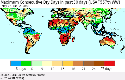 World Maximum Consecutive Dry Days in past 30 days (USAF 557th WW) 06/25/2023 Thematic Map For 6/21/2023 - 6/25/2023