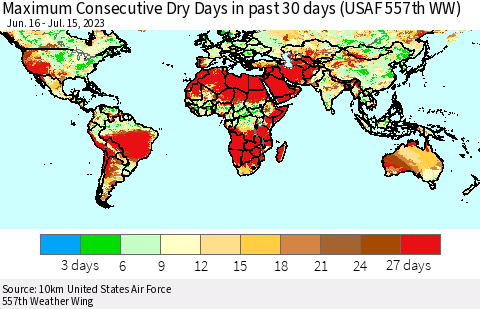 World Maximum Consecutive Dry Days in past 30 days (USAF 557th WW) 07/15/2023 Thematic Map For 7/11/2023 - 7/15/2023