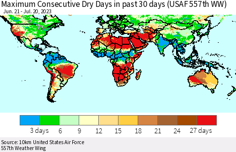 World Maximum Consecutive Dry Days in past 30 days (USAF 557th WW) 07/20/2023 Thematic Map For 7/16/2023 - 7/20/2023
