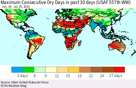 World Maximum Consecutive Dry Days in past 30 days (USAF 557th WW) 07/25/2023 Thematic Map For 7/21/2023 - 7/25/2023