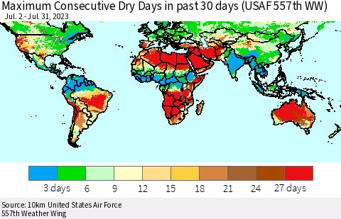 World Maximum Consecutive Dry Days in past 30 days (USAF 557th WW) 07/31/2023 Thematic Map For 7/26/2023 - 7/31/2023