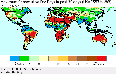 World Maximum Consecutive Dry Days in past 30 days (USAF 557th WW) 08/05/2023 Thematic Map For 8/1/2023 - 8/5/2023