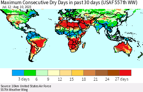 World Maximum Consecutive Dry Days in past 30 days (USAF 557th WW) 08/10/2023 Thematic Map For 8/6/2023 - 8/10/2023