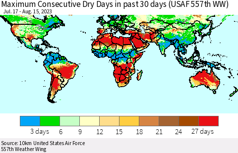 World Maximum Consecutive Dry Days in past 30 days (USAF 557th WW) Thematic Map For 8/11/2023 - 8/15/2023