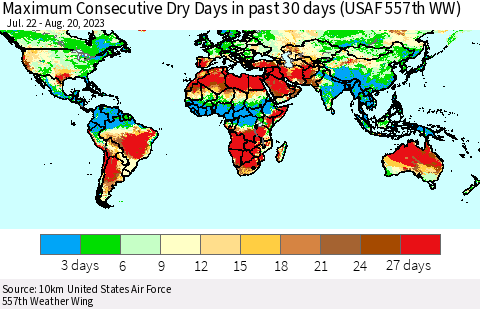 World Maximum Consecutive Dry Days in past 30 days (USAF 557th WW) 08/20/2023 Thematic Map For 8/16/2023 - 8/20/2023