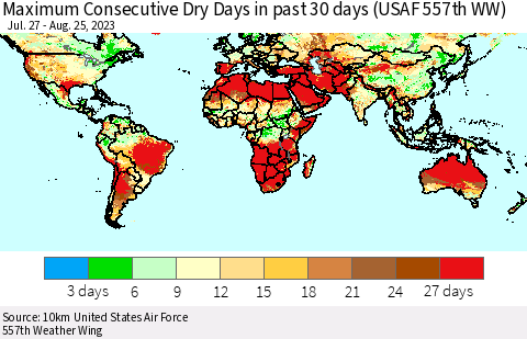 World Maximum Consecutive Dry Days in past 30 days (USAF 557th WW) 08/25/2023 Thematic Map For 8/21/2023 - 8/25/2023