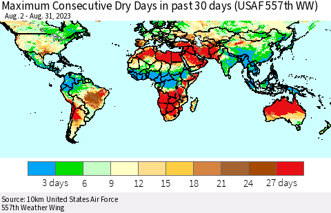 World Maximum Consecutive Dry Days in past 30 days (USAF 557th WW) 08/31/2023 Thematic Map For 8/26/2023 - 8/31/2023
