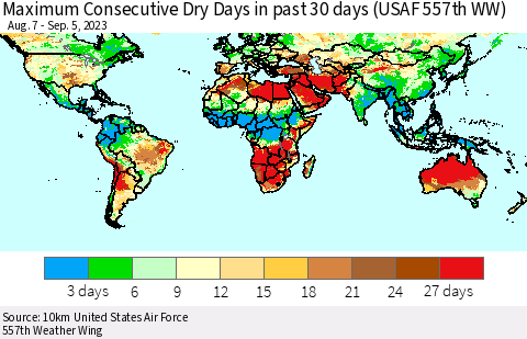 World Maximum Consecutive Dry Days in past 30 days (USAF 557th WW) 09/05/2023 Thematic Map For 9/1/2023 - 9/5/2023