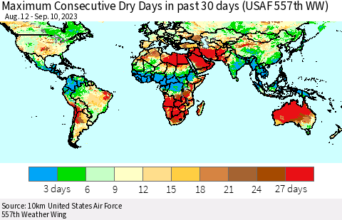 World Maximum Consecutive Dry Days in past 30 days (USAF 557th WW) 09/10/2023 Thematic Map For 9/6/2023 - 9/10/2023