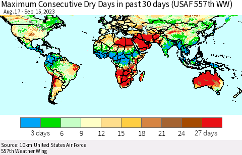 World Maximum Consecutive Dry Days in past 30 days (USAF 557th WW) 09/15/2023 Thematic Map For 9/11/2023 - 9/15/2023