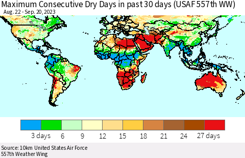 World Maximum Consecutive Dry Days in past 30 days (USAF 557th WW) 09/20/2023 Thematic Map For 9/16/2023 - 9/20/2023