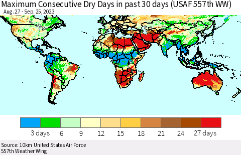 World Maximum Consecutive Dry Days in past 30 days (USAF 557th WW) 09/25/2023 Thematic Map For 9/21/2023 - 9/25/2023