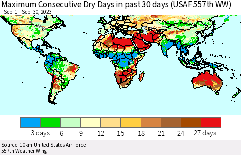 World Maximum Consecutive Dry Days in past 30 days (USAF 557th WW) 09/30/2023 Thematic Map For 9/26/2023 - 9/30/2023