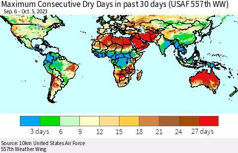 World Maximum Consecutive Dry Days in past 30 days (USAF 557th WW) 10/05/2023 Thematic Map For 10/1/2023 - 10/5/2023
