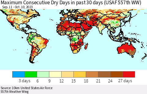 World Maximum Consecutive Dry Days in past 30 days (USAF 557th WW) 10/10/2023 Thematic Map For 10/6/2023 - 10/10/2023