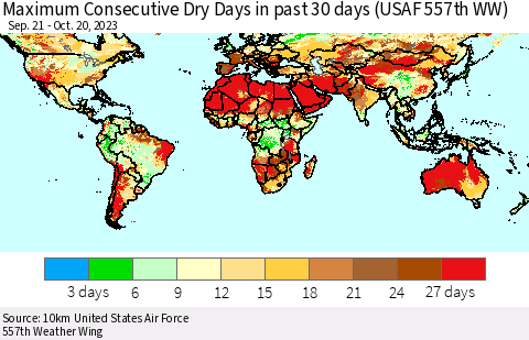 World Maximum Consecutive Dry Days in past 30 days (USAF 557th WW) Thematic Map For 10/16/2023 - 10/20/2023
