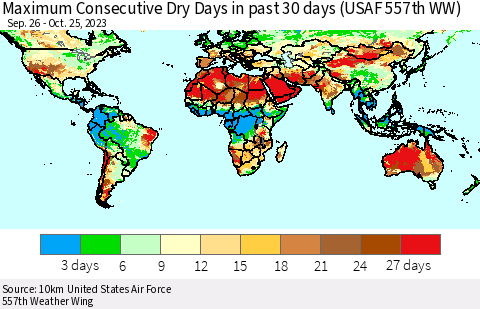 World Maximum Consecutive Dry Days in past 30 days (USAF 557th WW) 10/25/2023 Thematic Map For 10/21/2023 - 10/25/2023