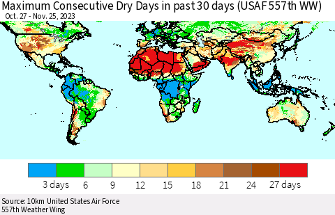 World Maximum Consecutive Dry Days in past 30 days (USAF 557th WW) 11/25/2023 Thematic Map For 11/21/2023 - 11/25/2023