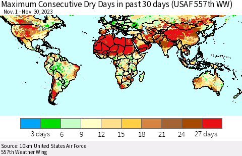 World Maximum Consecutive Dry Days in past 30 days (USAF 557th WW) 11/30/2023 Thematic Map For 11/26/2023 - 11/30/2023
