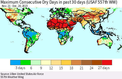 World Maximum Consecutive Dry Days in past 30 days (USAF 557th WW) 12/20/2023 Thematic Map For 12/16/2023 - 12/20/2023