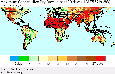 World Maximum Consecutive Dry Days in past 30 days (USAF 557th WW) 12/31/2023 Thematic Map For 12/26/2023 - 12/31/2023